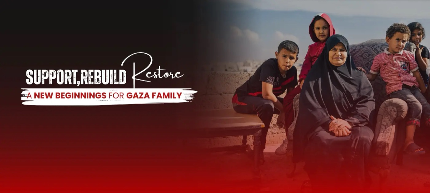 Gaza Emergency campaign banner: Support, Rebuild, Restore — a new beginning for Gaza families.
