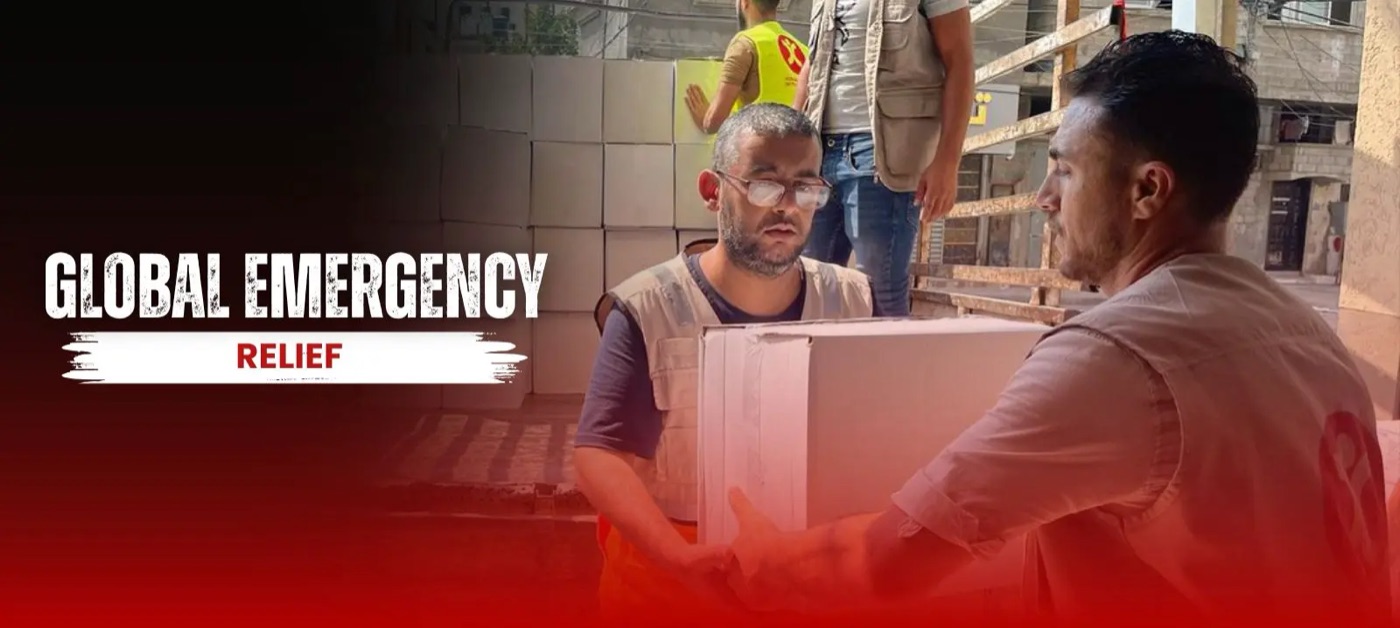 Global Emergency Relief campaign banner: HCI staff handing over an aid box.